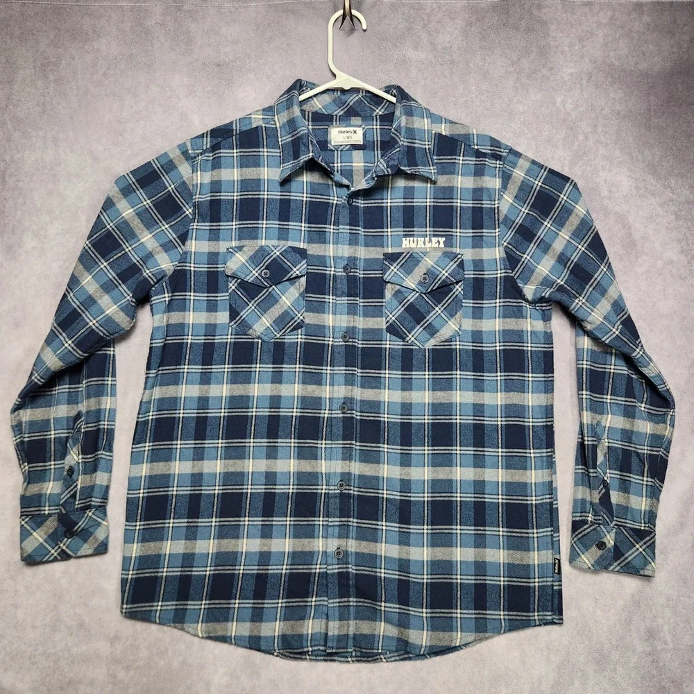 Hurley‎ Mens Blue Plaid Flannel Long Sleeve Button Down Shirt size Large